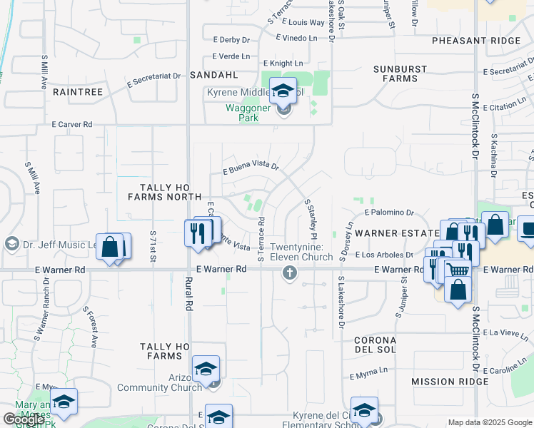 map of restaurants, bars, coffee shops, grocery stores, and more near 8525 South Terrace Road in Tempe