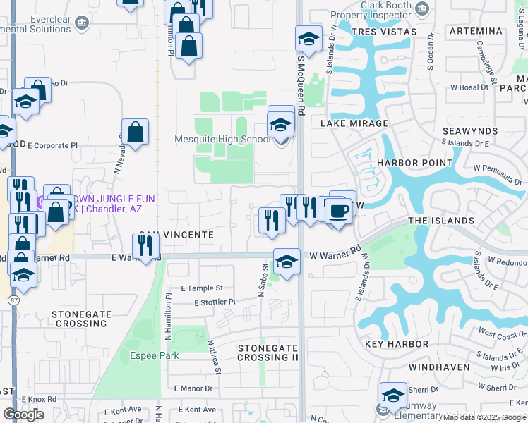 map of restaurants, bars, coffee shops, grocery stores, and more near 894 East Madeline Drive in Chandler