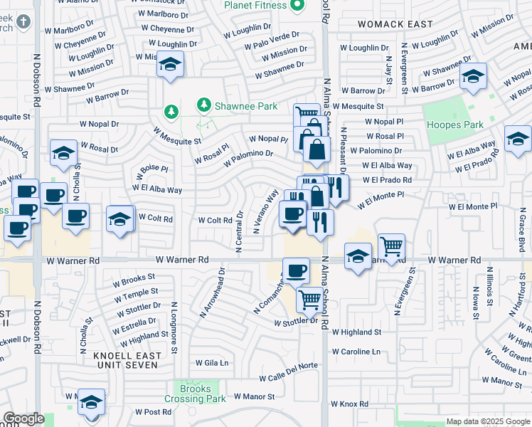 map of restaurants, bars, coffee shops, grocery stores, and more near 2105 North Verano Way in Chandler