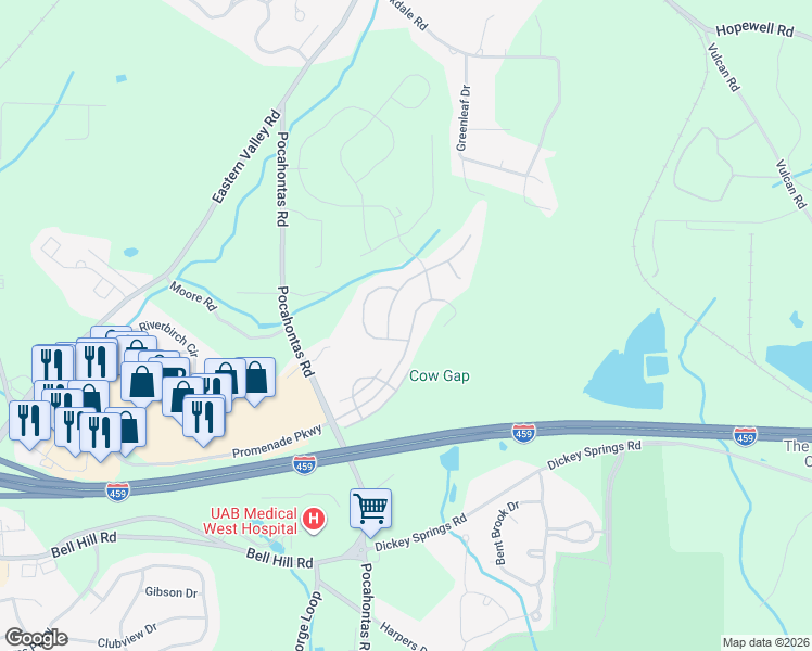 map of restaurants, bars, coffee shops, grocery stores, and more near 4898 Mountain Gap Drive in Bessemer