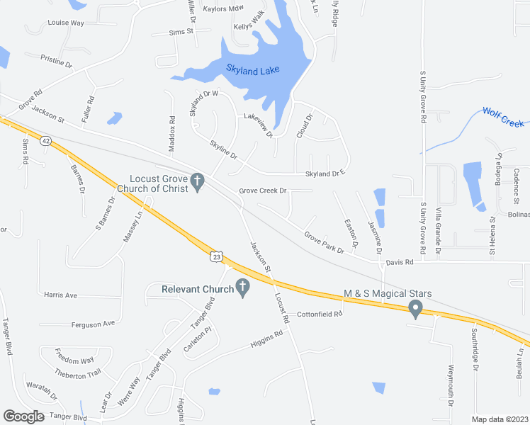 map of restaurants, bars, coffee shops, grocery stores, and more near 493 Grove Park Drive in Locust Grove