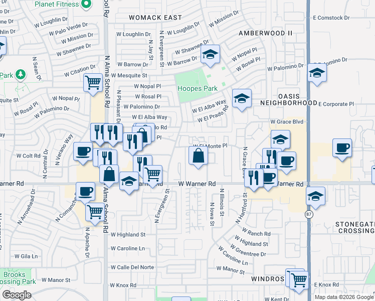 map of restaurants, bars, coffee shops, grocery stores, and more near 2089 North Sunset Drive in Chandler
