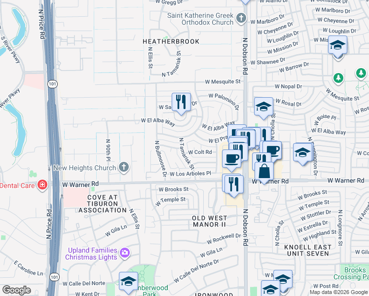 map of restaurants, bars, coffee shops, grocery stores, and more near 2109 North Tamarisk Street in Chandler