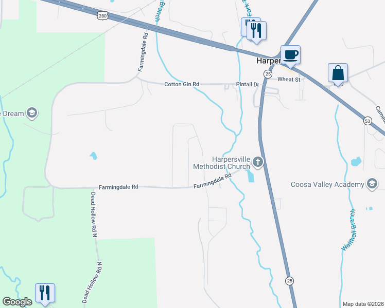 map of restaurants, bars, coffee shops, grocery stores, and more near 230 Farmingdale Trace in Harpersville