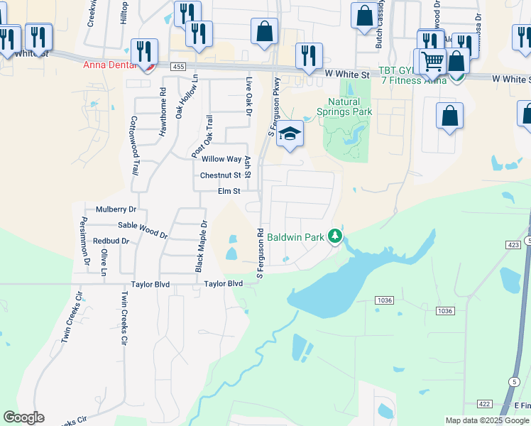 map of restaurants, bars, coffee shops, grocery stores, and more near 1510 Sherwood Drive in Anna