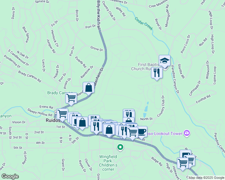 map of restaurants, bars, coffee shops, grocery stores, and more near 105 Mashie Pl in Ruidoso