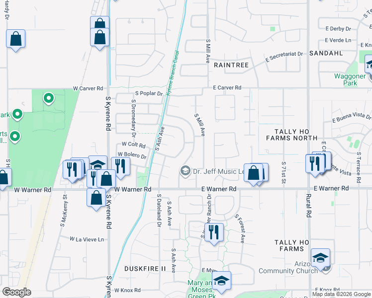 map of restaurants, bars, coffee shops, grocery stores, and more near 77 West Bolero Drive in Tempe
