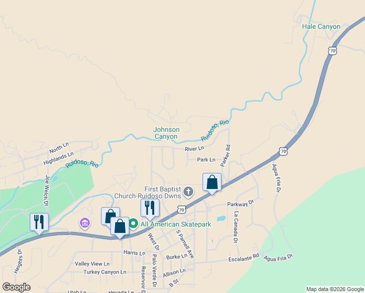 map of restaurants, bars, coffee shops, grocery stores, and more near 323 River Lane in Ruidoso Downs