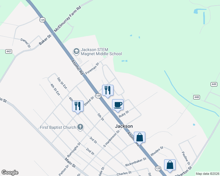 map of restaurants, bars, coffee shops, grocery stores, and more near 402 Highland Circle in Jackson
