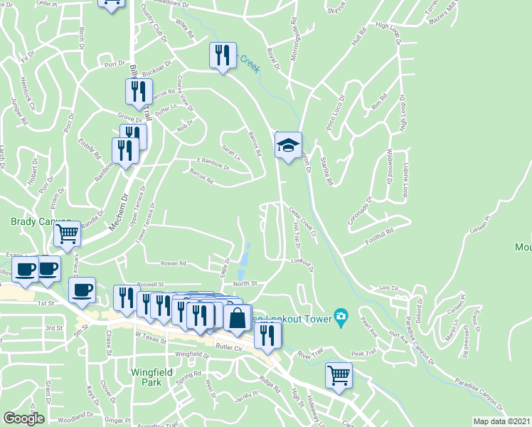 map of restaurants, bars, coffee shops, grocery stores, and more near 105 Bogie Lane in Ruidoso