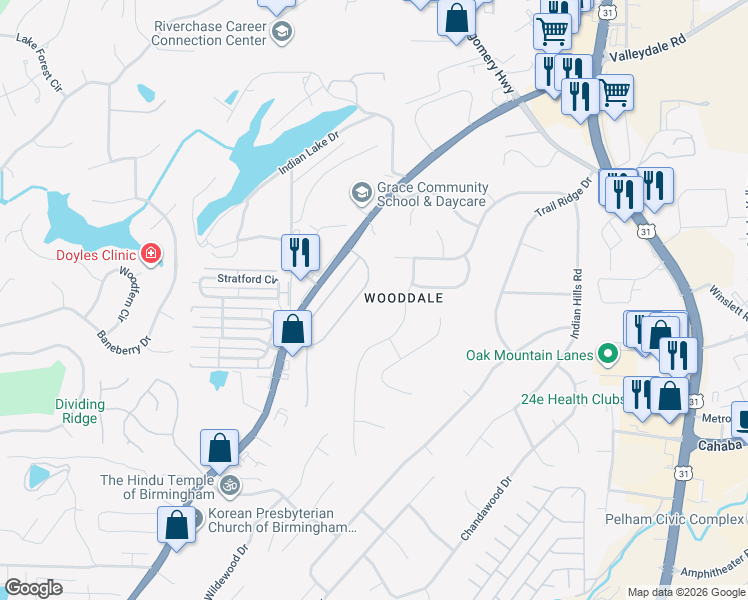 map of restaurants, bars, coffee shops, grocery stores, and more near 124 Hayesbury Court in Pelham