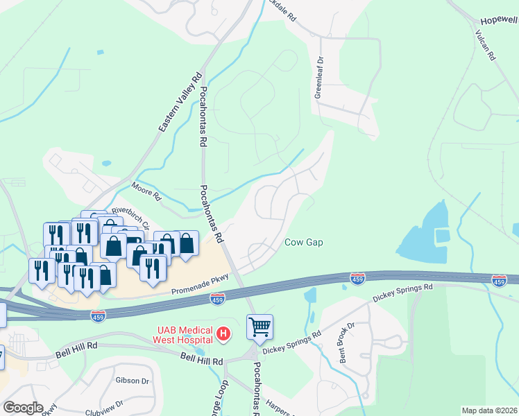 map of restaurants, bars, coffee shops, grocery stores, and more near 4838 Mountain Gap Drive in Bessemer