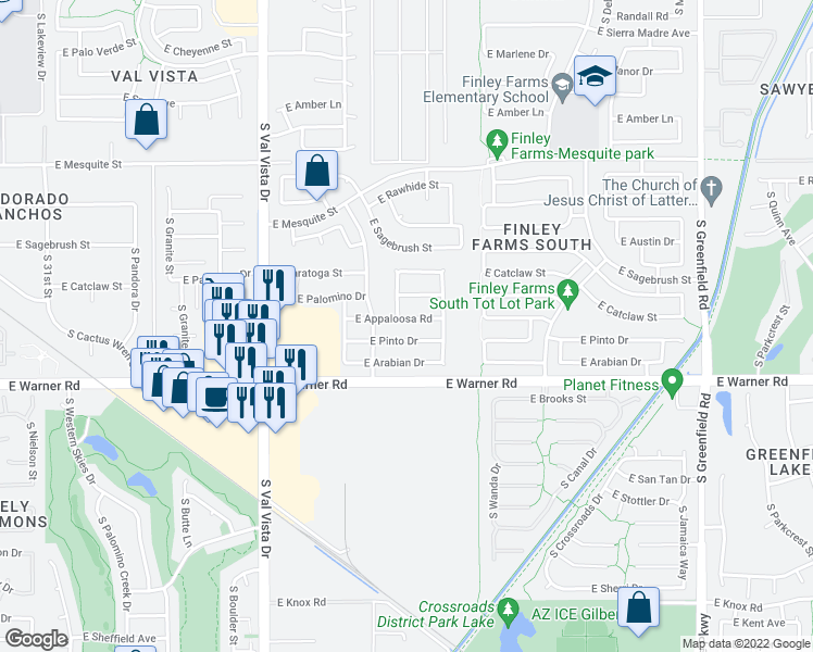 map of restaurants, bars, coffee shops, grocery stores, and more near 1853 East Appaloosa Road in Gilbert