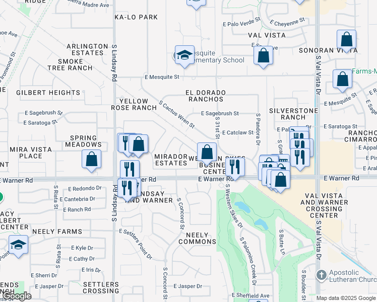 map of restaurants, bars, coffee shops, grocery stores, and more near 1093 East Appaloosa Road in Gilbert