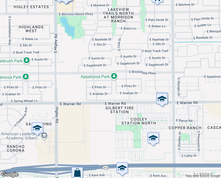 map of restaurants, bars, coffee shops, grocery stores, and more near 3537 East Pinto Drive in Gilbert