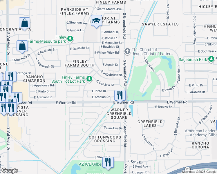 map of restaurants, bars, coffee shops, grocery stores, and more near 2279 East Catclaw Street in Gilbert