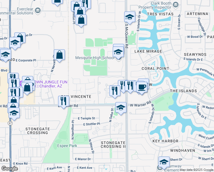map of restaurants, bars, coffee shops, grocery stores, and more near 894 East Madeline Drive in Chandler
