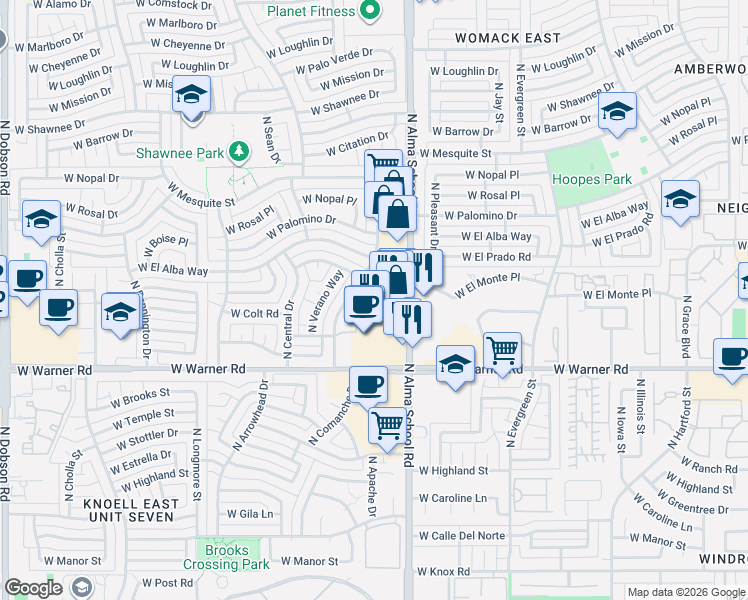map of restaurants, bars, coffee shops, grocery stores, and more near 2201 North Comanche Drive in Chandler