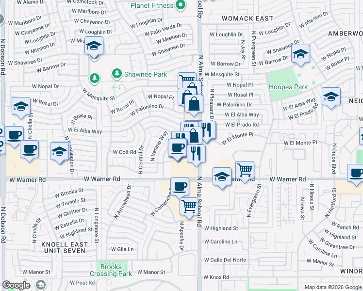 map of restaurants, bars, coffee shops, grocery stores, and more near 2201 North Comanche Drive in Chandler
