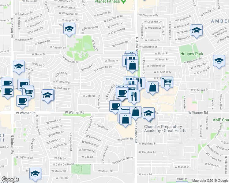map of restaurants, bars, coffee shops, grocery stores, and more near 2105 North Verano Way in Chandler