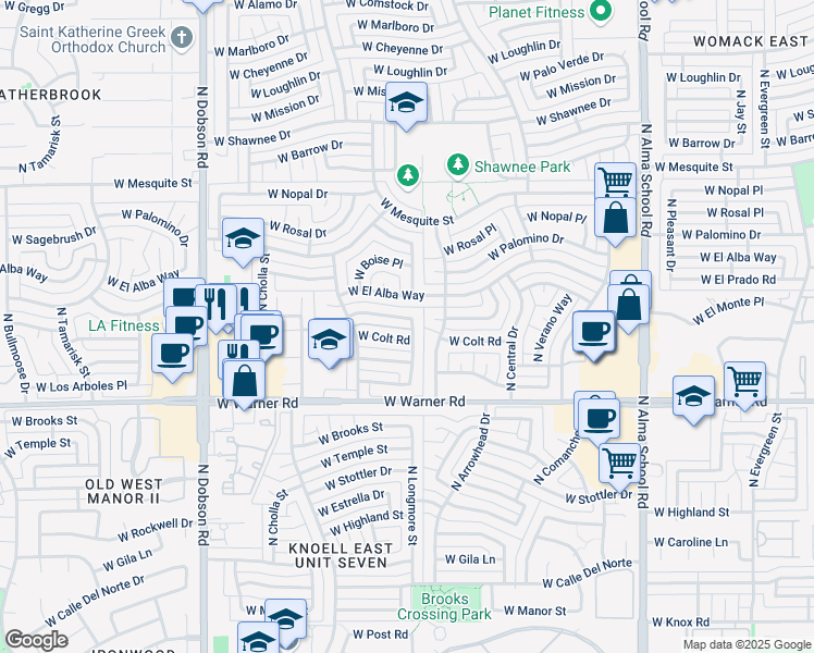 map of restaurants, bars, coffee shops, grocery stores, and more near 1506 West Colt Road in Chandler