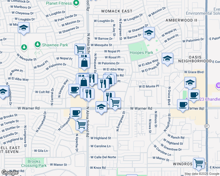 map of restaurants, bars, coffee shops, grocery stores, and more near 812 West Warner Road in Chandler