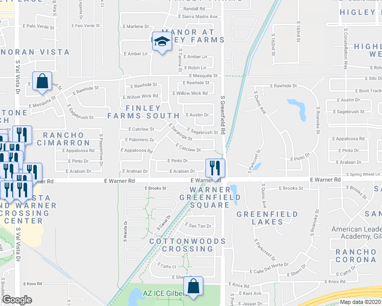 map of restaurants, bars, coffee shops, grocery stores, and more near 2279 East Catclaw Street in Gilbert