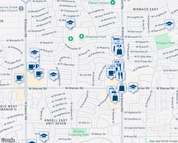 map of restaurants, bars, coffee shops, grocery stores, and more near 1419 West El Monte Place in Chandler
