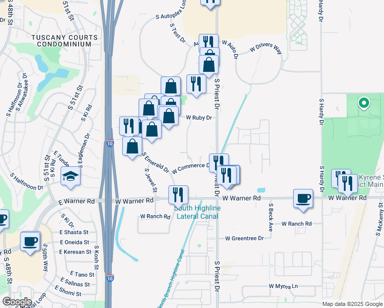 map of restaurants, bars, coffee shops, grocery stores, and more near 8550 South Priest Drive in Tempe