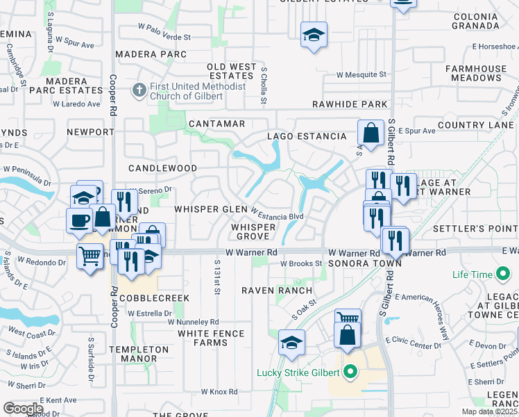 map of restaurants, bars, coffee shops, grocery stores, and more near 347 W Ensueno St in Gilbert