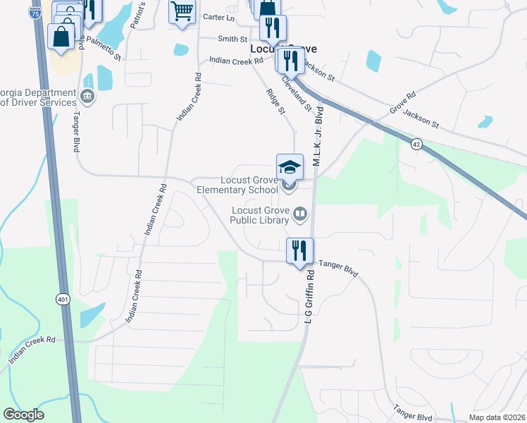 map of restaurants, bars, coffee shops, grocery stores, and more near 1912 Denmark Court in Locust Grove