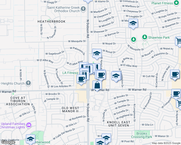 map of restaurants, bars, coffee shops, grocery stores, and more near 1859 West El Monte Place in Chandler