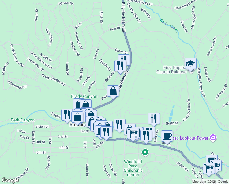 map of restaurants, bars, coffee shops, grocery stores, and more near 421 Mechem Drive in Ruidoso