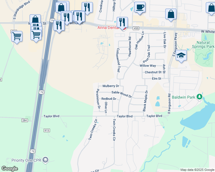 map of restaurants, bars, coffee shops, grocery stores, and more near Mulberry Drive in Anna