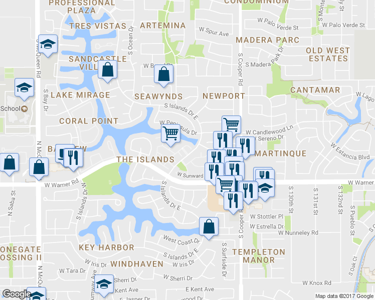 map of restaurants, bars, coffee shops, grocery stores, and more near 605 South Crows Nest Drive in Gilbert