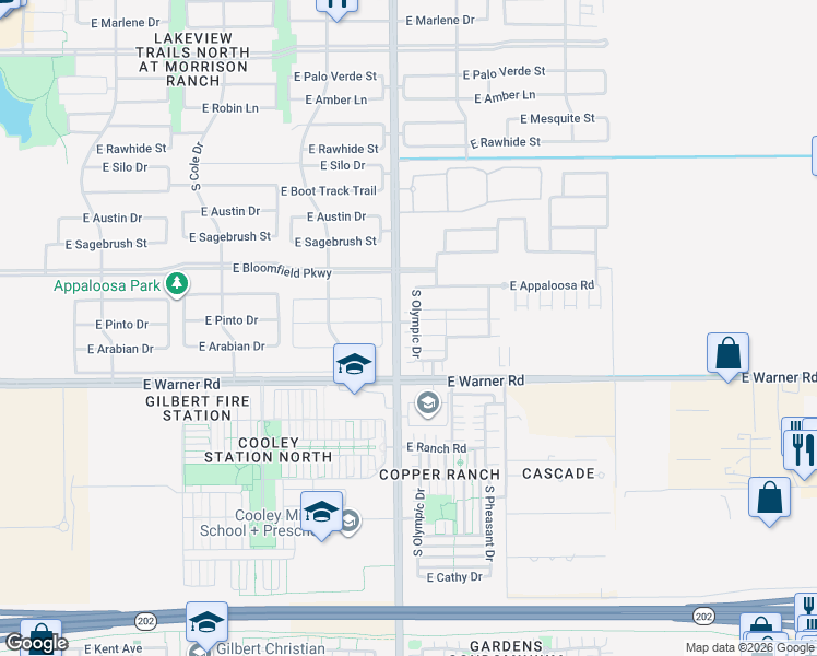 map of restaurants, bars, coffee shops, grocery stores, and more near 11601-12369 South Recker Road in Gilbert