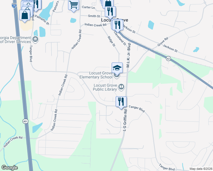 map of restaurants, bars, coffee shops, grocery stores, and more near 1912 Denmark Court in Locust Grove