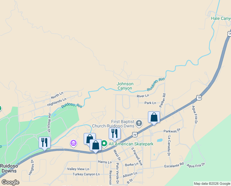 map of restaurants, bars, coffee shops, grocery stores, and more near 323 River Ln in Ruidoso Downs