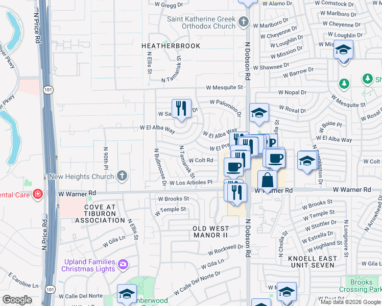 map of restaurants, bars, coffee shops, grocery stores, and more near 2109 North Tamarisk Street in Chandler