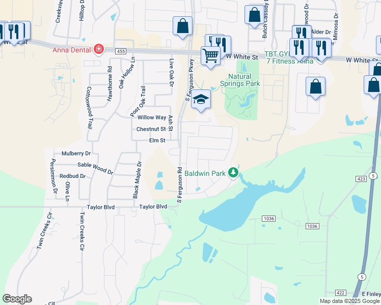 map of restaurants, bars, coffee shops, grocery stores, and more near 1510 Sherwood Drive in Anna
