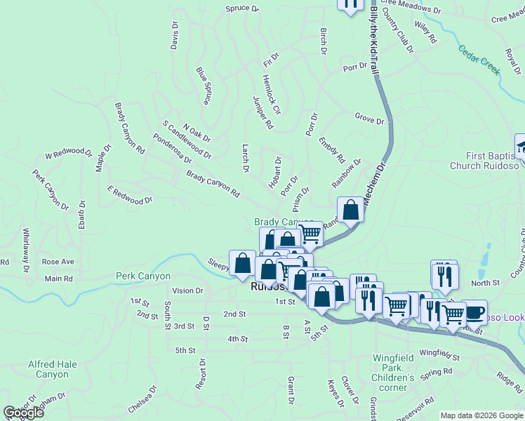 map of restaurants, bars, coffee shops, grocery stores, and more near 161-167 Brady Canyon Road in Ruidoso
