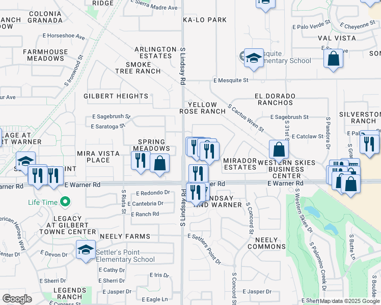map of restaurants, bars, coffee shops, grocery stores, and more near 837 East Appaloosa Road in Gilbert