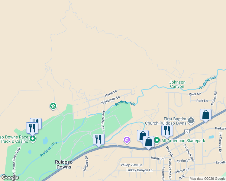 map of restaurants, bars, coffee shops, grocery stores, and more near 207 North Lane in Ruidoso Downs