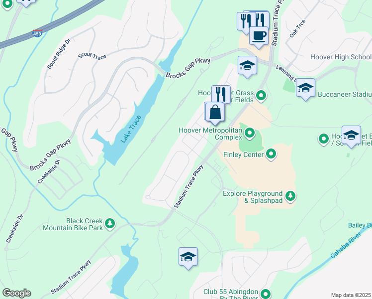 map of restaurants, bars, coffee shops, grocery stores, and more near 5603 Brayden Circle in Hoover