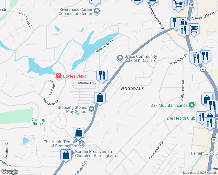 map of restaurants, bars, coffee shops, grocery stores, and more near 153 Hayesbury Lane in Pelham