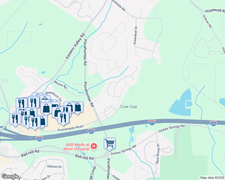 map of restaurants, bars, coffee shops, grocery stores, and more near 5869 Mountain View Trail in Bessemer