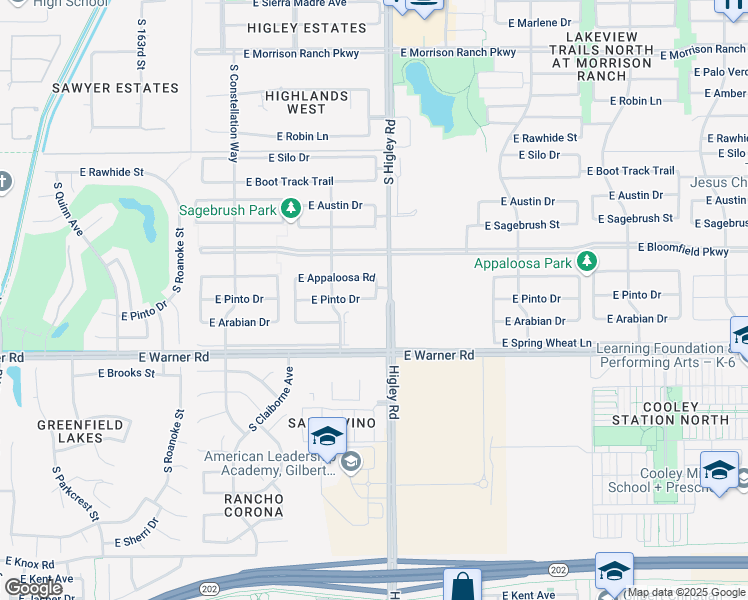 map of restaurants, bars, coffee shops, grocery stores, and more near 3417 East Pinto Drive in Gilbert