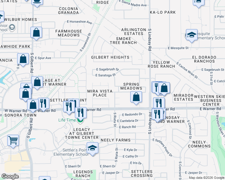 map of restaurants, bars, coffee shops, grocery stores, and more near 545 East Appaloosa Road in Gilbert