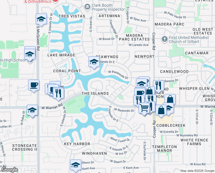 map of restaurants, bars, coffee shops, grocery stores, and more near 783 South Lagoon Drive in Gilbert