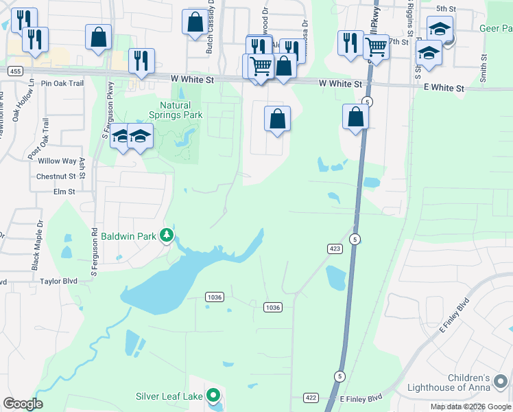 map of restaurants, bars, coffee shops, grocery stores, and more near 9922 Slater Creek Road in Anna